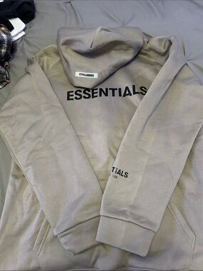 Essentials Taupe Hoodie with Black Logo Print